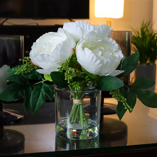 White Flowers in Clear Glass Jar, Artificial Flowers -9.5 White Flowers in Clear Glass Jar, Artificial Flowers -9.5